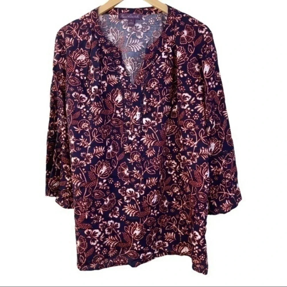 Gloria Vanderbilt Batik Stamp Peasant Shirt Bell Sleeve Nova Blouse Size XL​​‎